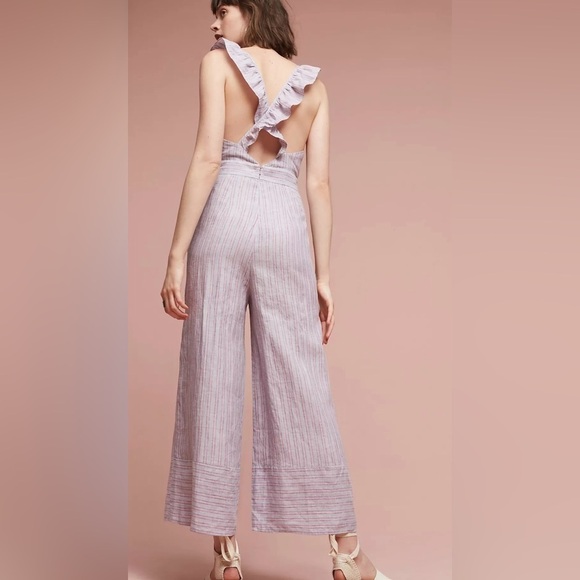 ANTHROPOLOGIE Elevenses Nantucket Ruffled Jumpsuit Striped Linen Size 12 - Picture 2 of 16
